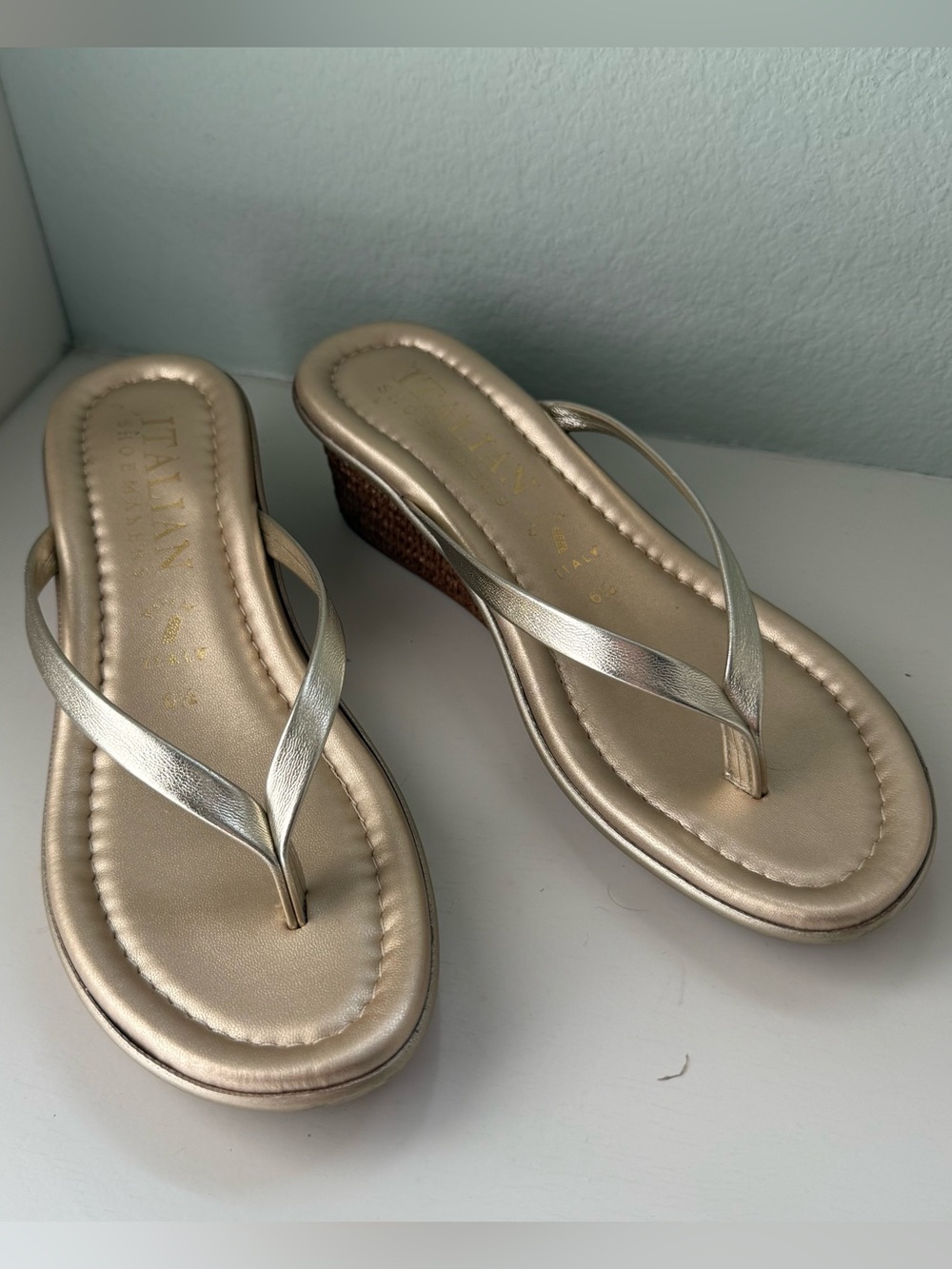 Leather Thong Gold Wedge Sandals - Picture 2 of 8